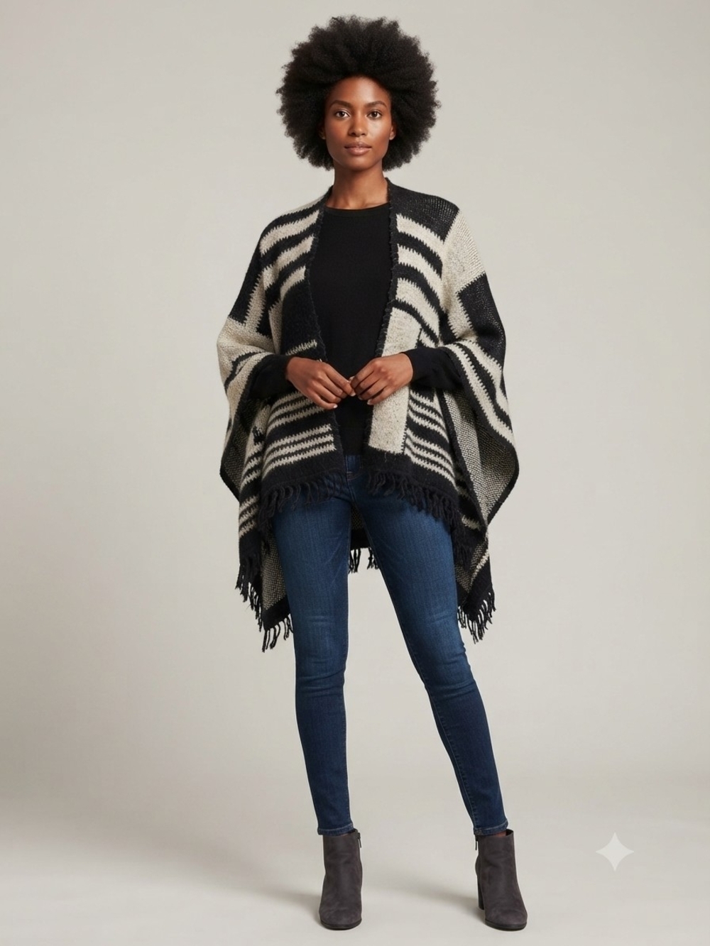 Fratelli Talli Knit Striped Fringe Poncho Wrap in Black and Cream  O/S